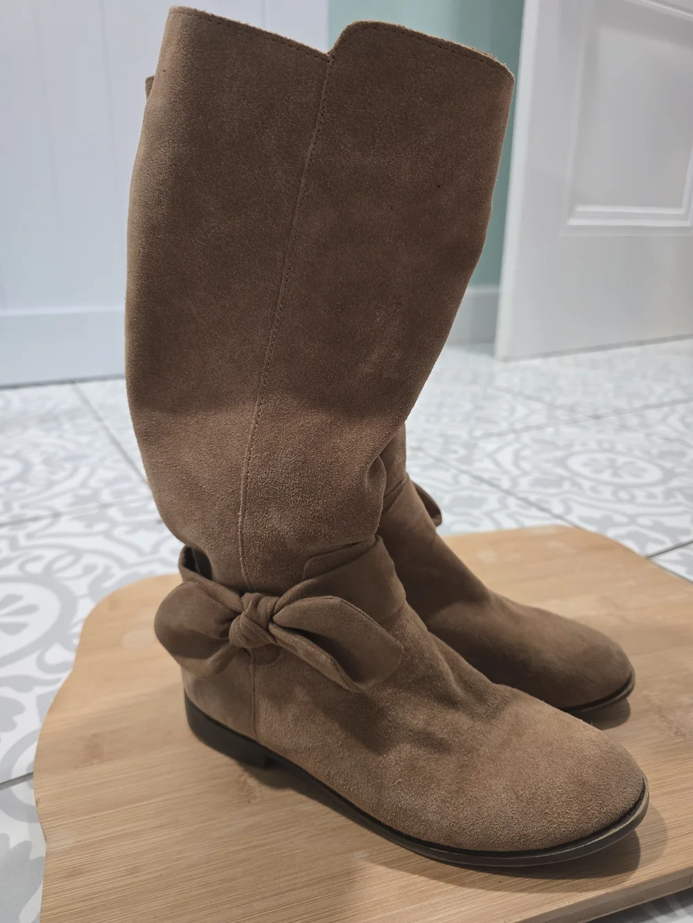 Women's Brown Suede Mid-Calf Boots with Knot Detail